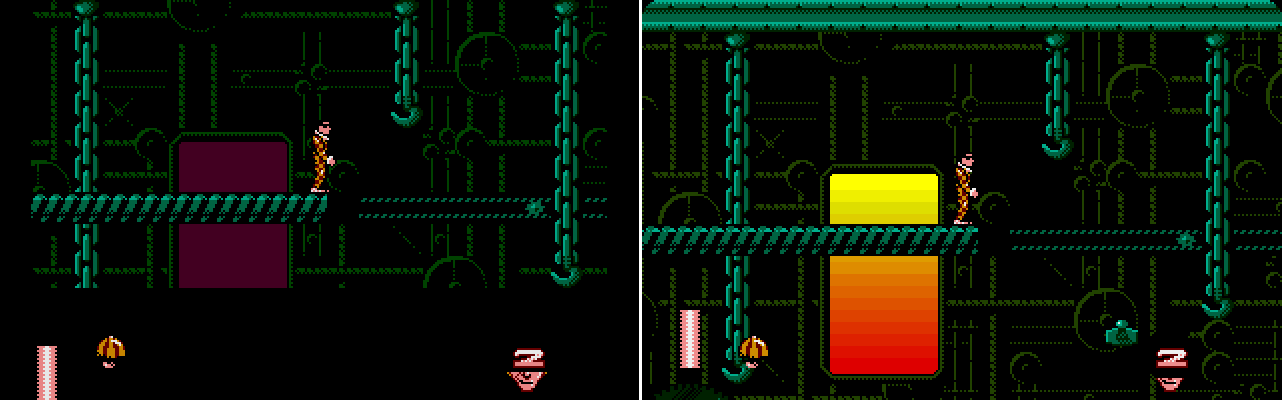 Sur Atari ST (gauche) on ne voit pas le levier, et il est visible sur Amiga (droite)